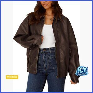 Faux Leather Motorcycle Jacket Oversized Zip Up Outerwear